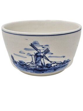 Vintage Delfts Handpainted Ceramic Bowl Windmill Boat White Blue 3" Tall 5" Wide